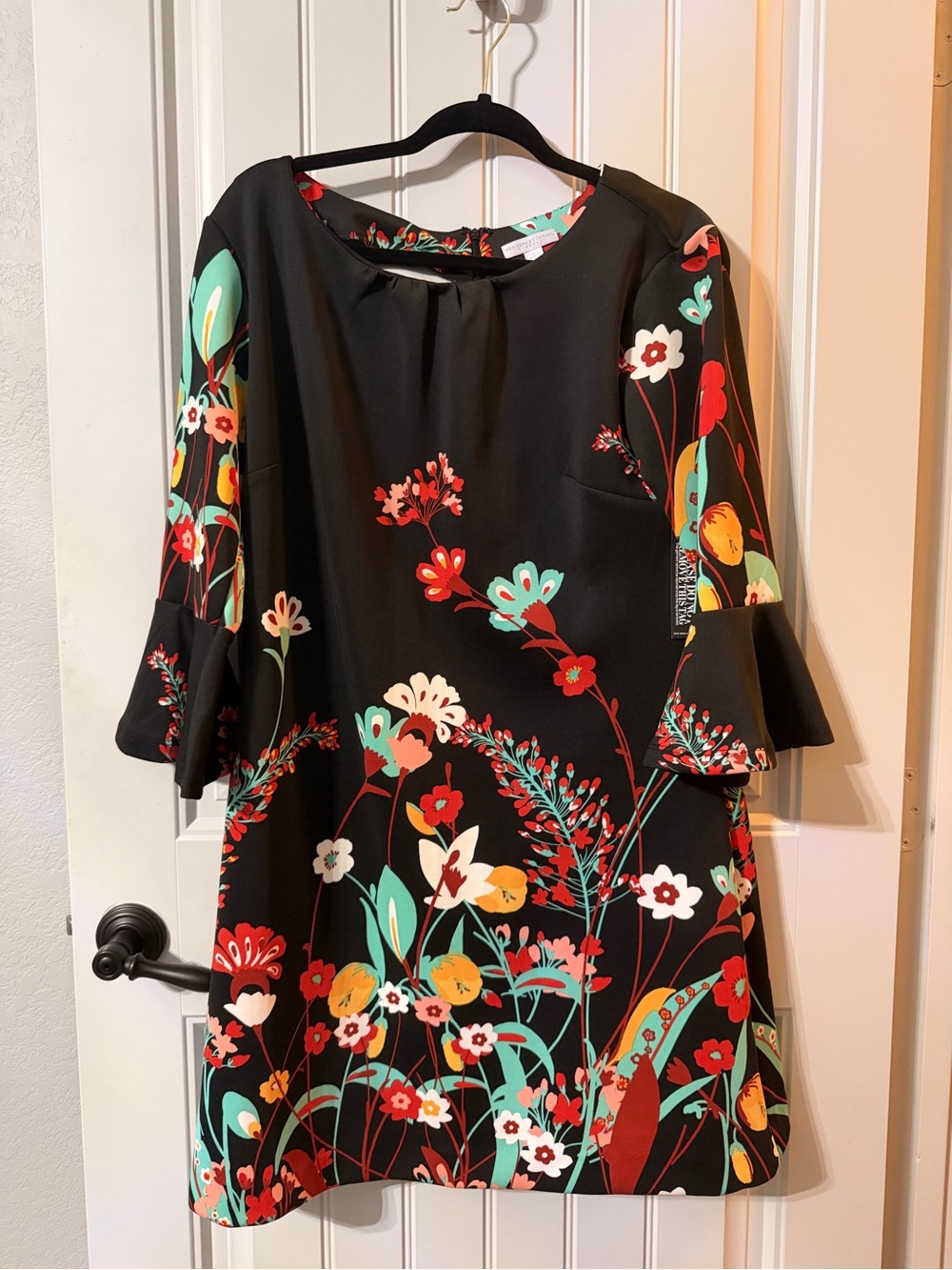 New York & Company Black Floral Bell-Sleeve Midi Dress